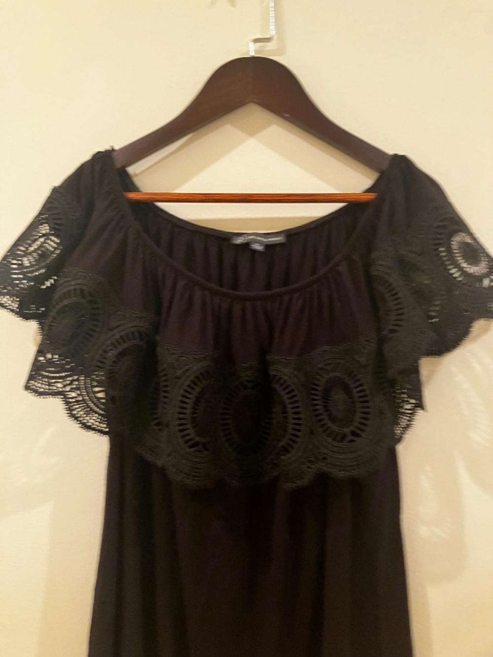 Adrianna Papell Black Off-Shoulder Black Peasant Blouse with Lace Trim